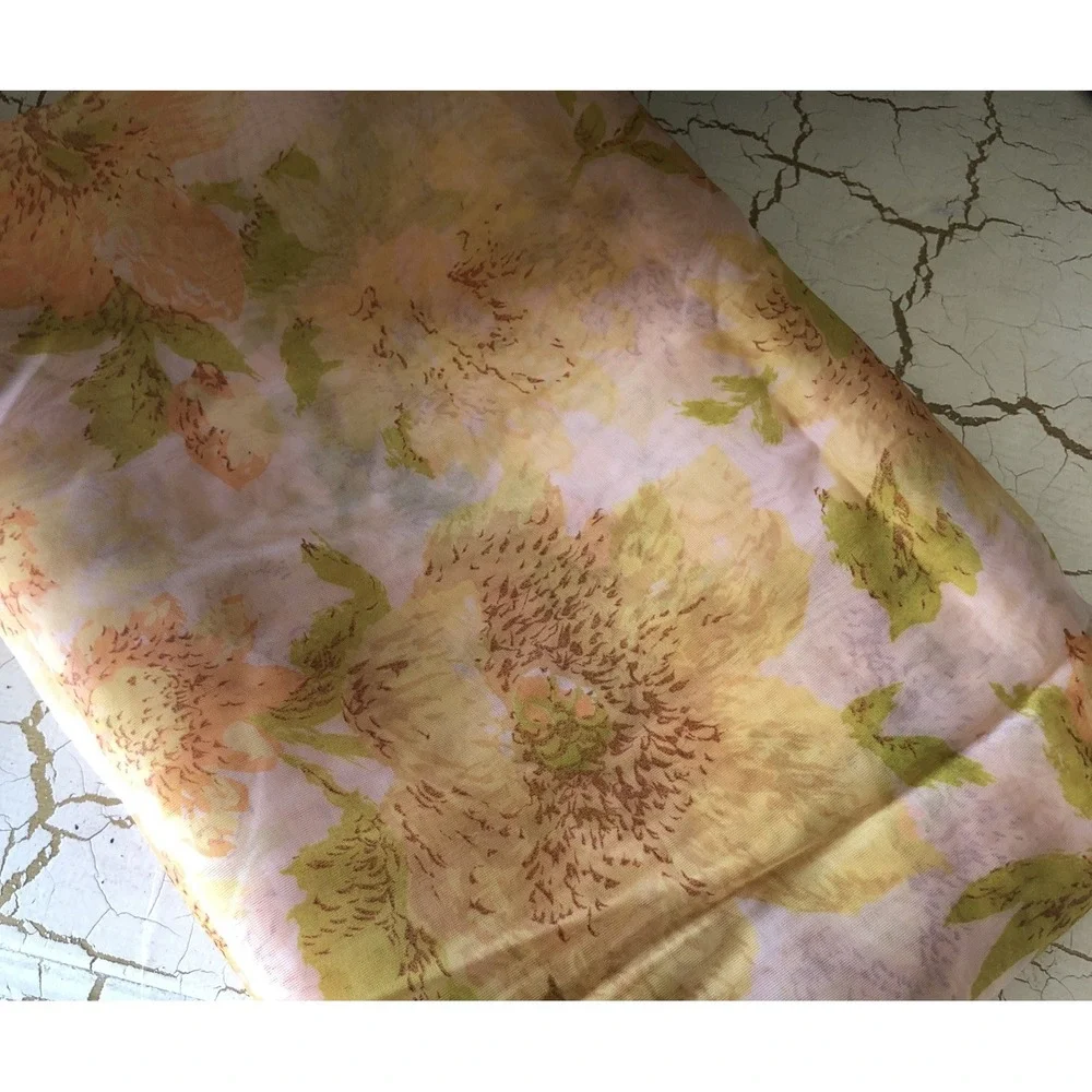 Vintage 70s Chiffon Fabric Golden Yellow Orange Floral 3 Yards 50